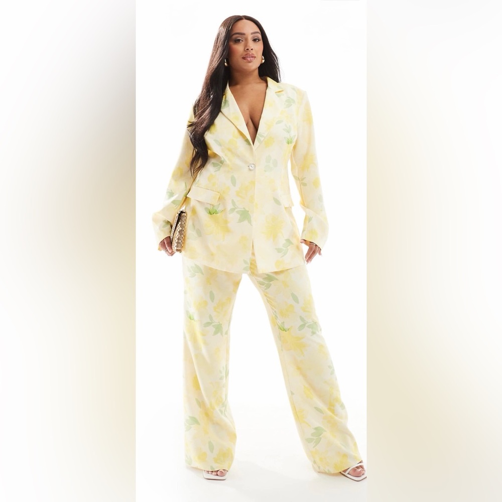 ASOS Curve Yellow Floral Blazer & Wide-Leg Pants